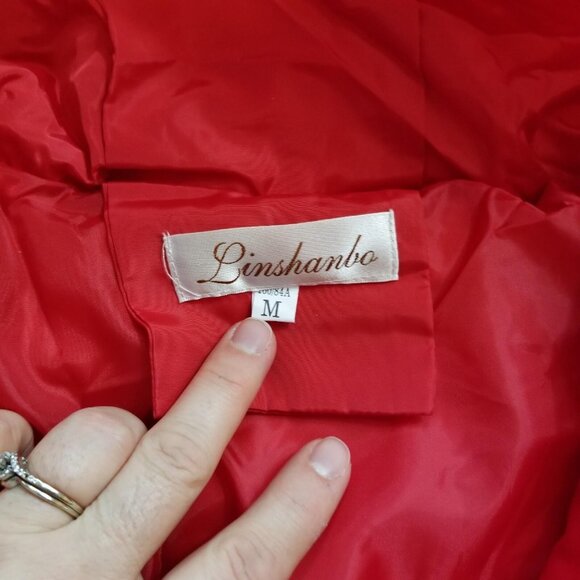 ✅Hooded Red Puffer Jacket Knee Length Zip Up Winter Coat Women's M *SEAM SPLIT* - Picture 5 of 16